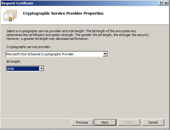 5. Leave the Cryptographic Service Provider set to Microsoft RSA SChannel