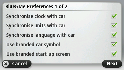 Synchronising your settings You can synchronise some settings on your Blue&Me-TomTom 2 navigation device with your car settings. Settings that can be synchronised include language, time and units.