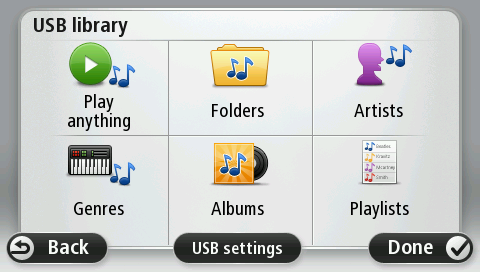 Tap USB library to open the library menu. Tap Play anything to select a song at random. The Media Player starts playing this song.