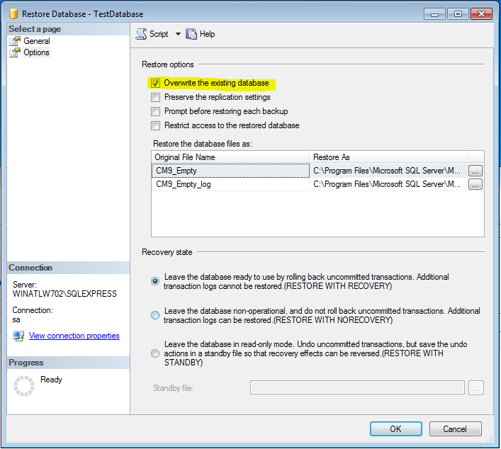 Setting up SQL and Restoring a Database 7. Check the box next to your newly selected backup set. 8.