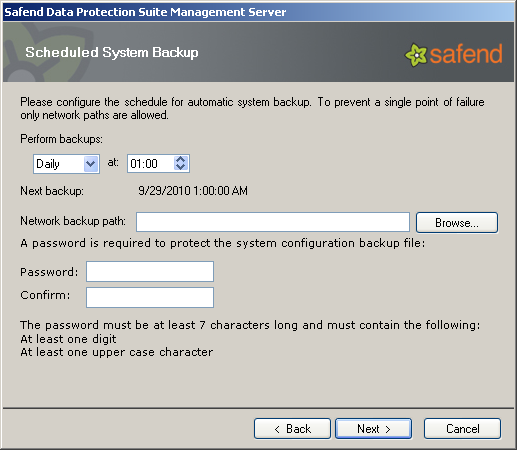 22. Click Next. In the following window, you will be asked to backup the system generated by Safend Data Protection Suite.