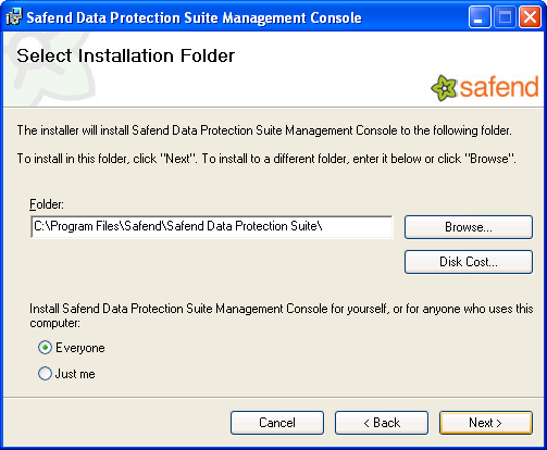6. In the Select Installation Folder window, select the folder in which the Safend Data Protection Suite Management console will be installed.