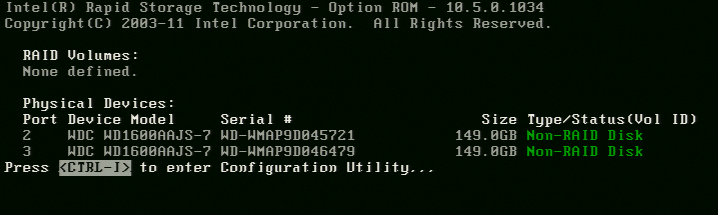 4.3 Version Identification To identify the version of the Intel Rapid Storage Technology option ROM in the system BIOS, enter the option ROM user interface.