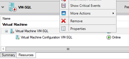 24. Select the [+] icon next to Virtual Machine VM-SQL to expand the view. 25. Right-click on the offline virtual machine Virtual Machine VM-SQL, and select Properties. 26. Select the Settings tab.
