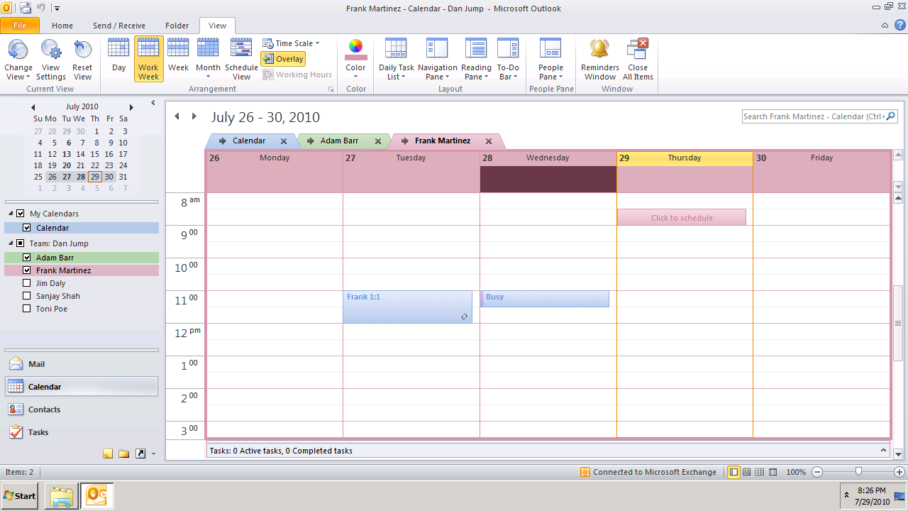 In the Calendar Navigation Pane, right-click the calendar you want to view, and then in the View tab click Overlay.