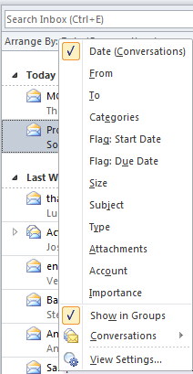 This will also provide a list of other ways to sort your mail including; date, to, from & size.