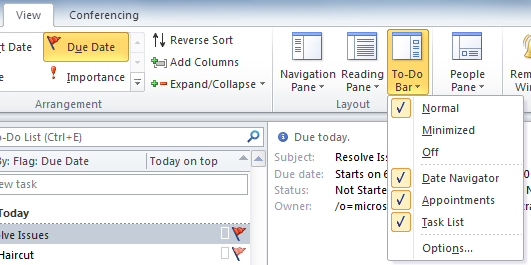 Tasks Tasks in Office Outlook 2010 can help you manage your workload. You can sort tasks in the To-Do List according to your needs. The following figure identifies the Tasks features.