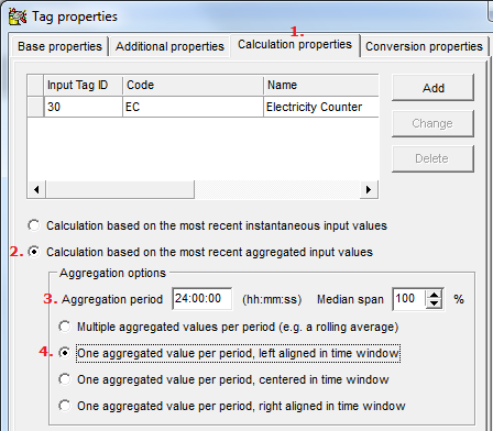 After loading the script the software jumps to (1.) the Calculation properties -page. On this page specify that your calculation should be aggregated over (2.) a series of recordings and specify (3.