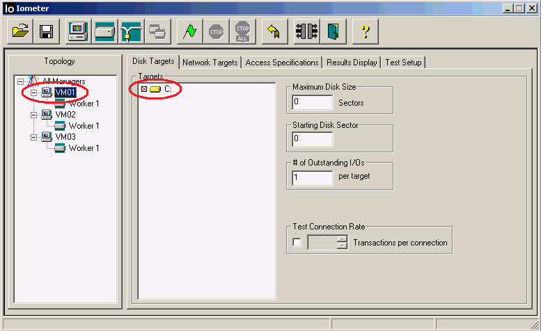 The Iometer Disk Targets tab shown in Figure 1 highlights the SUT computer names or IP addresses and the disk drives that were used for testing.