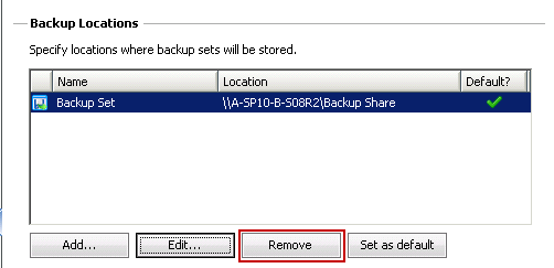 4. Click OK. To set a backup location as the default 1. In the Preferences page of the Configuration wizard, click the backup set to set as the default. 2. Click Set as default.