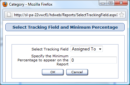 Select Tracking Field and Minimum Percentage Window Reports used in: Percentage of Issues Graph Computers by Assignment First, select the field you would like to track from the Select Tracking Field