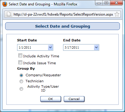 Select Date and Grouping Window Reports used in: Technician by Time Spent First, select a start date for the date range using the Start Date drop-down calendar.
