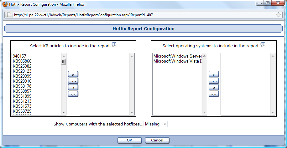Hotfix Report Configuration Window Reports used in: Hotfixes First, under the Select KB articles to include in the report section, select the Knowledge Base articles to use in the report by moving