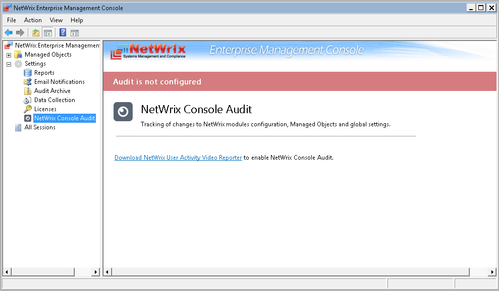 Procedure 26. To enable NetWrix Console Audit 1. In NetWrix Management Console, expand the Settings node and select the NetWrix Console Audit node.