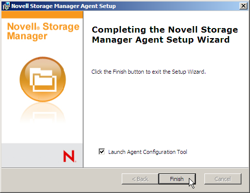 Novell Storage Manager for Active Directory 2.5.2 Installation Guide 6. Check Launch Agent Configuration Tool 7. Click Finish 8.