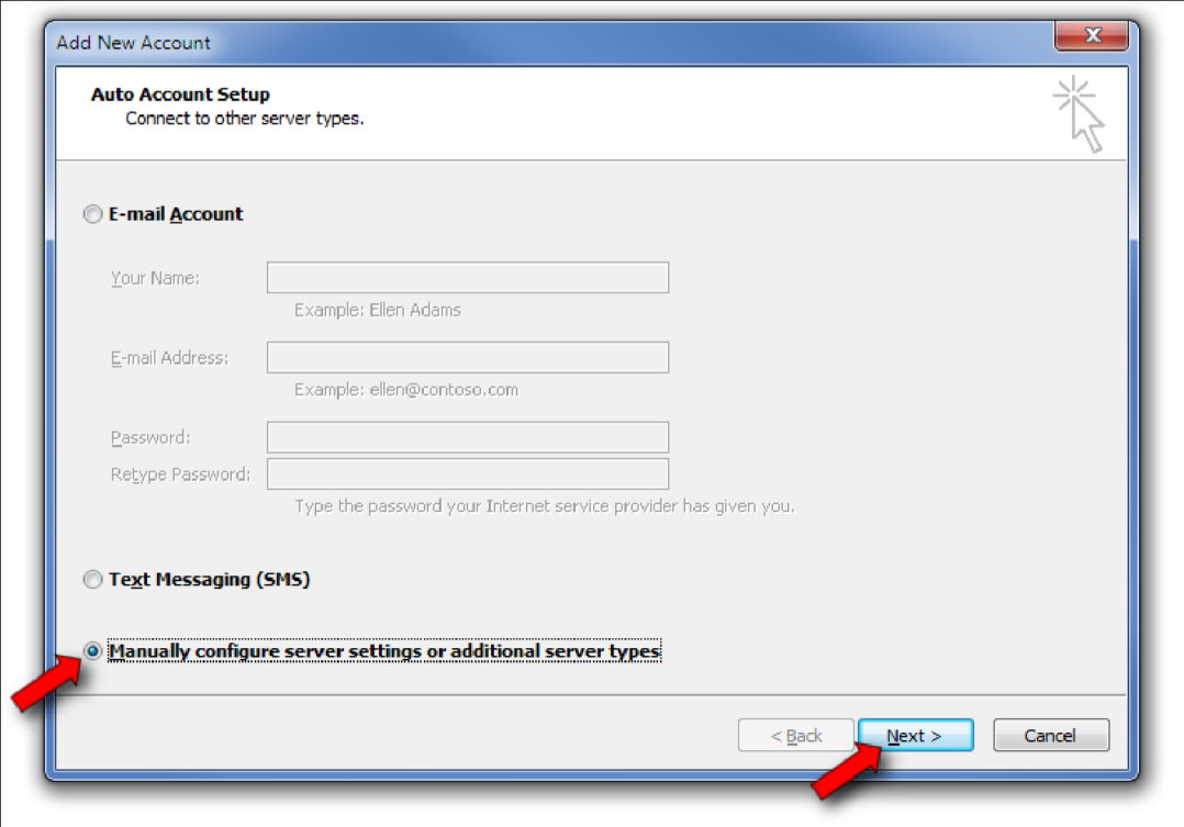Account Setup Select Manually configure server settings or additional server types and click Next.