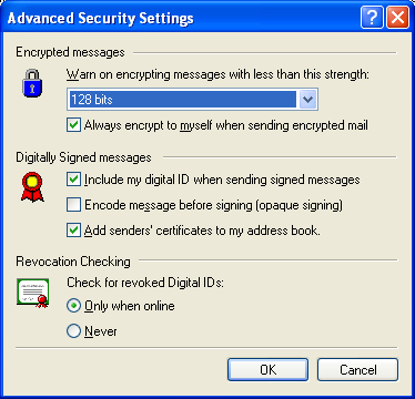 5. Follow the steps below, to enable the option to attach digital certificate with the outgoing message: a. Select Options from the Tools menu. b. Select the Security tab of the Options dialog. c. Click the Advanced button in the same dialog box.