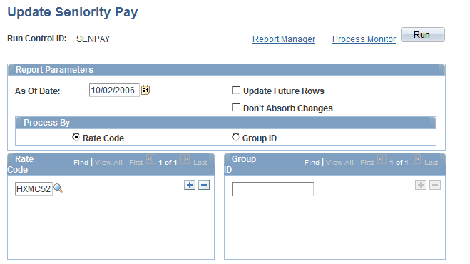 Administering Seniority Pay Chapter 5 Update Seniority Pay page Update Future Rows Select to update all existing future effective-dated rows (rows that have an effective date later than the as of