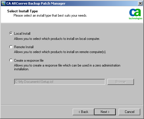 Install CA ARCserve Backup Patch Manager 3. As part of the installation, you will be asked to Select the Installation Type.