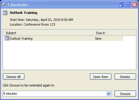 Managing Reminders If you set reminders for your appointments, Outlook will remind you of the appointment at the specified time.