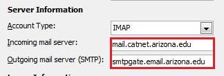 In the Server Information section, click the arrow in the Account Type drop down menu and select IMAP. Fill in the Incoming mail server and Outgoing mail server (SMTP) text boxes.
