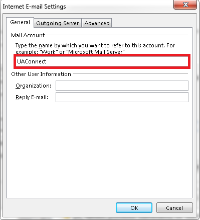 The User Name text box should already contain your UA NetID. Click the More Settings button. On the General tab, the account name will already be filled in with your email address.