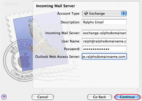 Click Continue when you are done. Step 6 Enter the following information on the Outgoing Mail Server screen: Outgoing Mail Server: Enter smtp.yourdomain.com (replacing yourdomain.