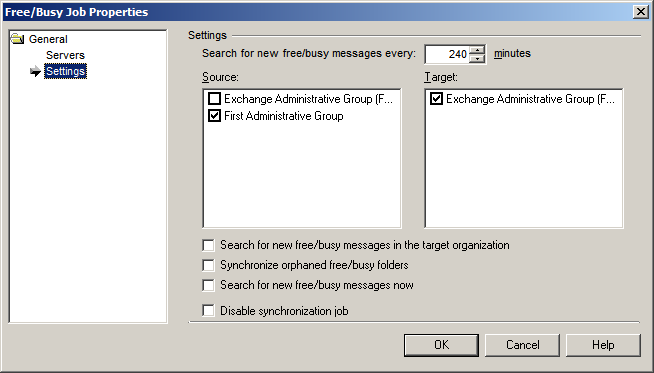 The Search for new free/busy messages every minutes control displays the time interval at which the Free/Busy Synchronization Agent checks whether any new free/busy messages were created in the