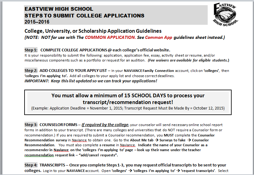EVHS STEPS to SUBMIT COLLEGE APPLICATIONS [Not for