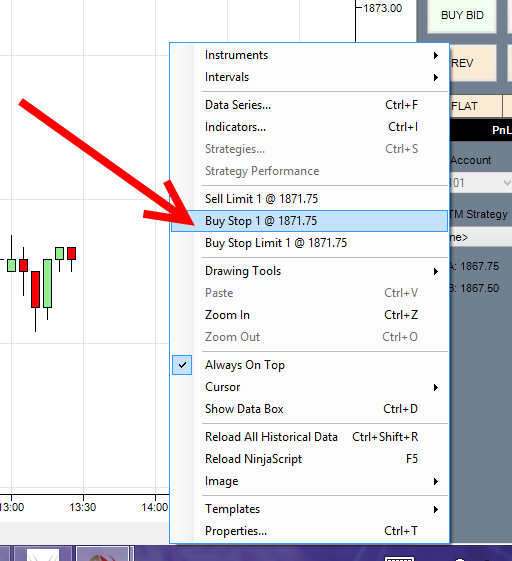 If you would like to set a Stop Loss for a BUY order you simply right click on the chart and select Sell Stop like this.