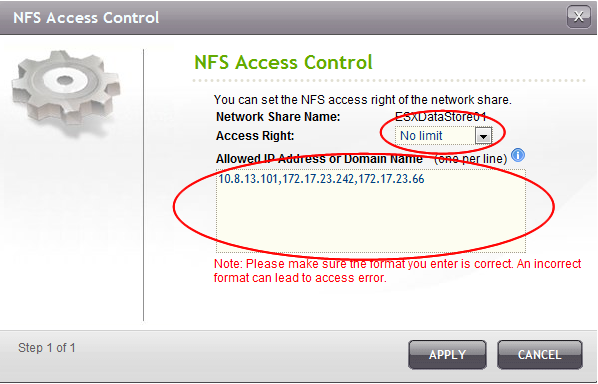 Set "no limit" access right for the NFS share and allow all IP to connect. However, for higher security (though necessary), you may select to allow only ESX Servers to connect to your NFS datastore.