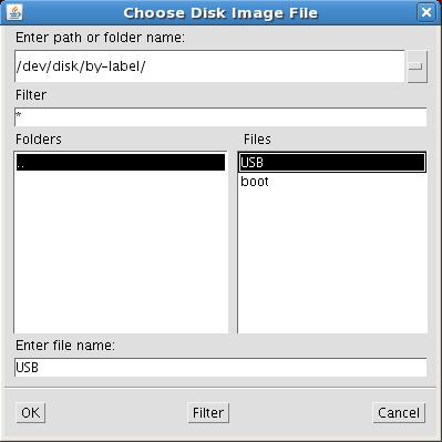 8. Type or select the path of the USB key/floppy (/dev/disk) inserted in the client. You can also mount the USB key/floppy by label. 9. Click OK.