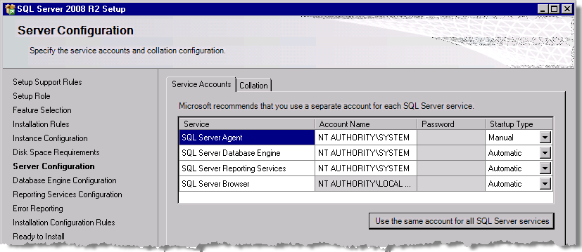 Installing SQL Server StruxureWare Power Monitoring 7.0.1 Installation Guide 9. Select Use the same account for all SQL Server services to open the dialog. 10.
