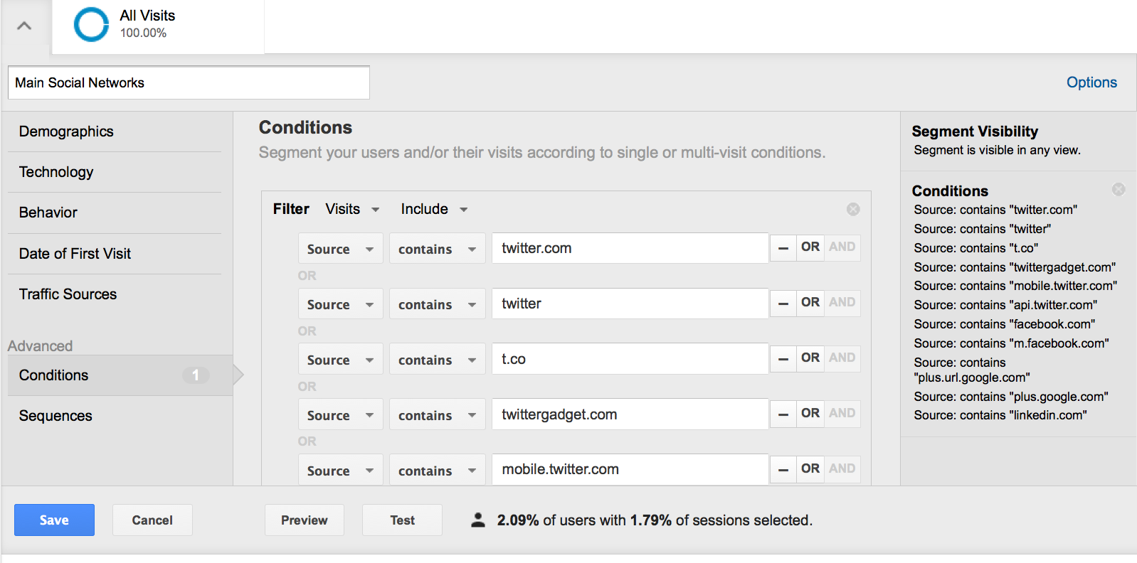 To create a custom advanced segment, begin by clicking the All Visits circle. Then click + Create New Segment.
