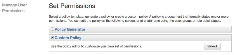 11. On the Set Permissions page, click Custom Policy and click Select. 12. On the Review Policy page, enter pcf-iam-policy in Policy Name. 13.
