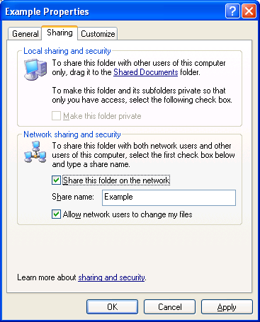 Whether to enable sharing for the folder The name of the share Whether to allow network users to change files in the folder The Sharing tab for simple file sharing is shown in the following figure.