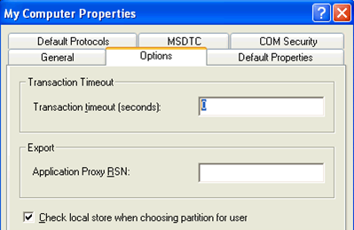 5. Click the Options tab on the Properties display, set the Transaction timeout to 0, and click the Apply button.