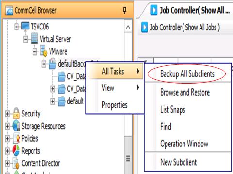 1. Within the CommCell Browser expand the Virtual Server and right-click on defaultbackupset Backup All Subclients.
