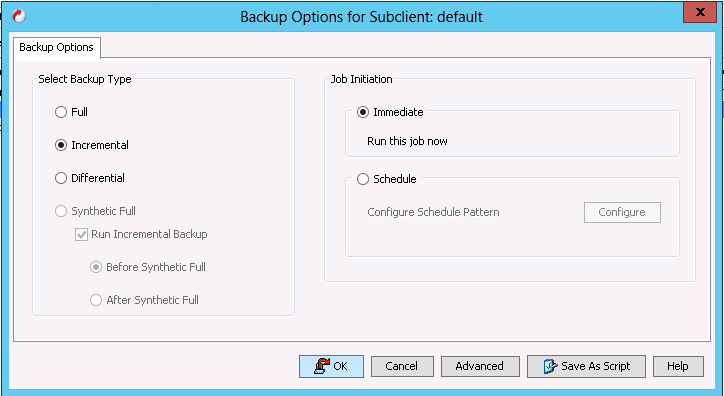 9.1 Running a Windows File System IntelliSnap Backup 12. Right-click on the default Subclient for the Windows Server and select Backup. Figure 92 Starting Backup 13.
