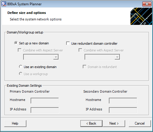 System Details Section 4 System Planner Tool Select the System Network Options Use the Select the System Network Options dialog box (Figure 21) to select whether to use a domain or workgroup.