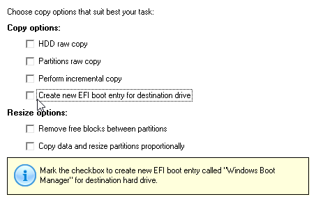 68 Copy options - HDD raw copy to copy the hard disk in the sector-by-sector mode, thus ignoring its information structure (e.g. unallocated space or unused sectors of existing partitions will be processed as well).