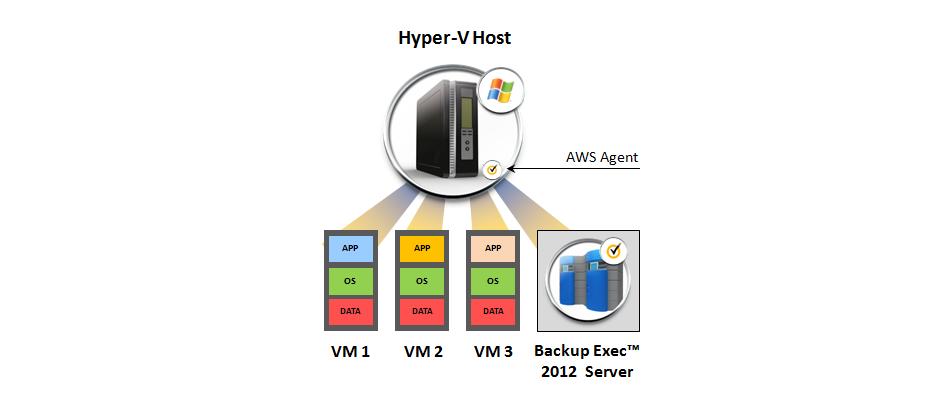 Figure 20: Hyper-V Environment with Backup Exec in a Virtual Machine Advanced Hyper-V Environment (Multiple Hyper-V Servers) In this example, Backup Exec 2012 is protecting a more complex Hyper-V