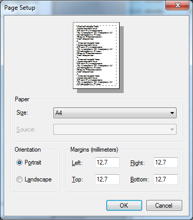 Print - click this button to print the preview Page setup - click to access the following menu, where you can set up the lay
