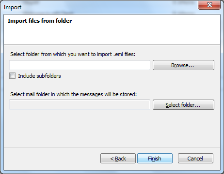 Click Browse...to find the folder in which the.eml files are located. If the folder containing your.eml files contains subfolders, check the Include subfolders checkbox to import all.