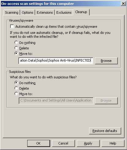 4. In the On-access scan settings for this computer dialog box, click the Cleanup tab. Click Move to.