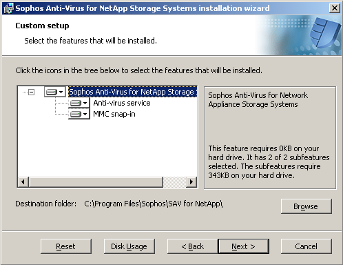 6. In the Custom setup dialog box, you select the features to install. The selection depends on the use you want to make of this computer.