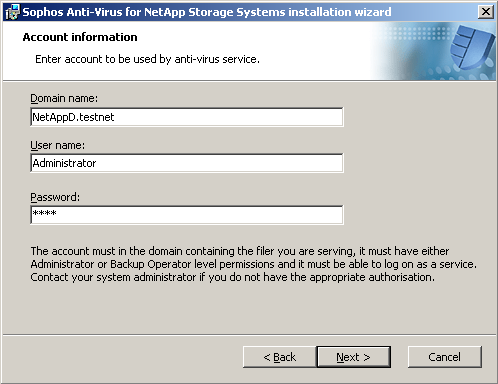 . In the Account information dialog box, enter the details of an account in the domain containing the filer that this computer is serving.