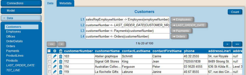 Connections: the list of the database connections used by the project Model: the model (list of the tables and links) defined in the project Data: to visualize the data and meta-data of the project.