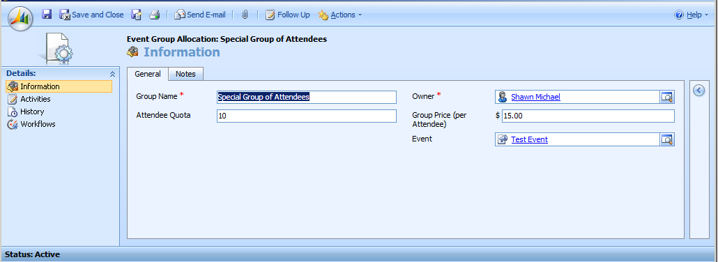 Non-Profit Solution for Microsoft Dynamics CRM 33 Track Event Group Allocations Event Group Allocations provide a way to track specific groups of attendees for an event as well as a special price