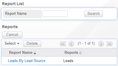Alternatively, clicking on Select from Reports issues a pop-up that displays all reports that the user has access to that are reporting on the Leads module.